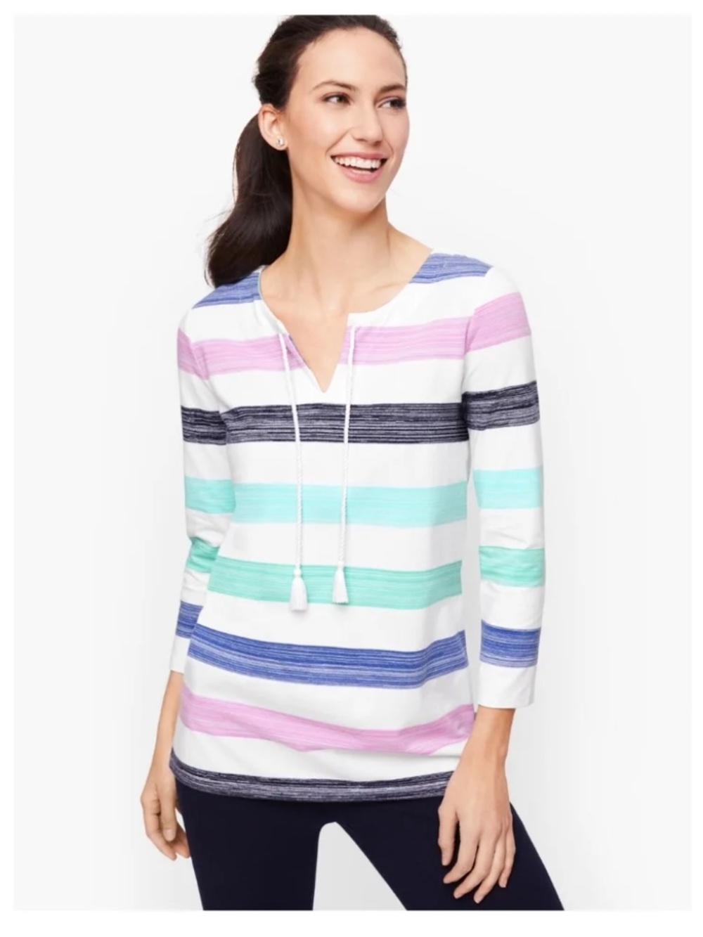 Talbots brushed stripe split neck pullover, color is aqua pool multi Size 3X EUC